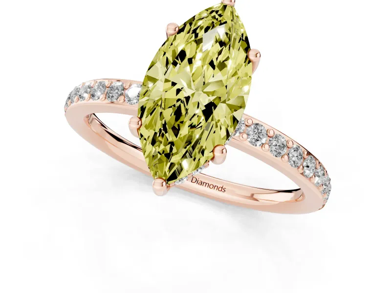 Fancy Yellow Marquise Cut Diamond Pavé Band Ring Set in Rose gold with Prong-Set Center Stone