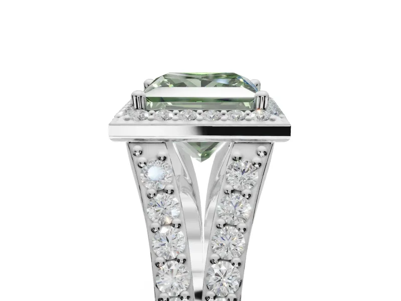 Princess Cut Halo Pavé Engagement Ring Setting for a Fancy Green Lab-Grown Diamond | Narrow Split Shank | White Gold