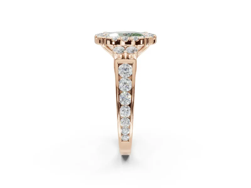 Oval Halo Engagement Ring Setting for a Fancy Green Lab-Grown Diamond | Side Clusters | Rose Gold