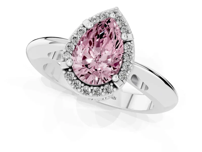 Fancy Pink Pear Cut Diamond Halo Engagement Ring Set in Silver with Plain Split Shank and Prong Setting