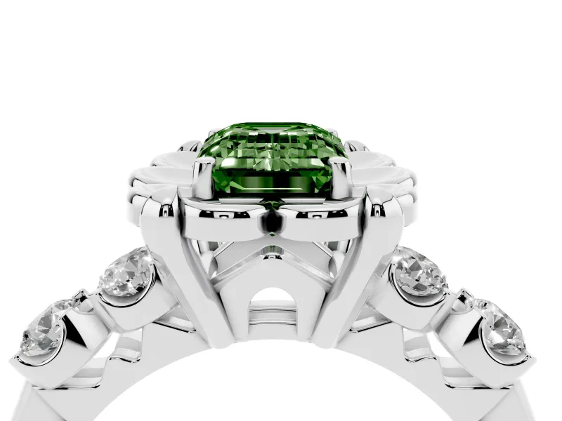 Emerald Cut Floral Engagement Ring Setting for a Fancy Green Lab-Grown Diamond | Petal Frame and Side Stones | Platinum