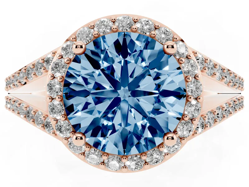 Round Halo Engagement Ring Setting for a Fancy Blue Lab-Grown Diamond | Pave Split Shank | Rose Gold