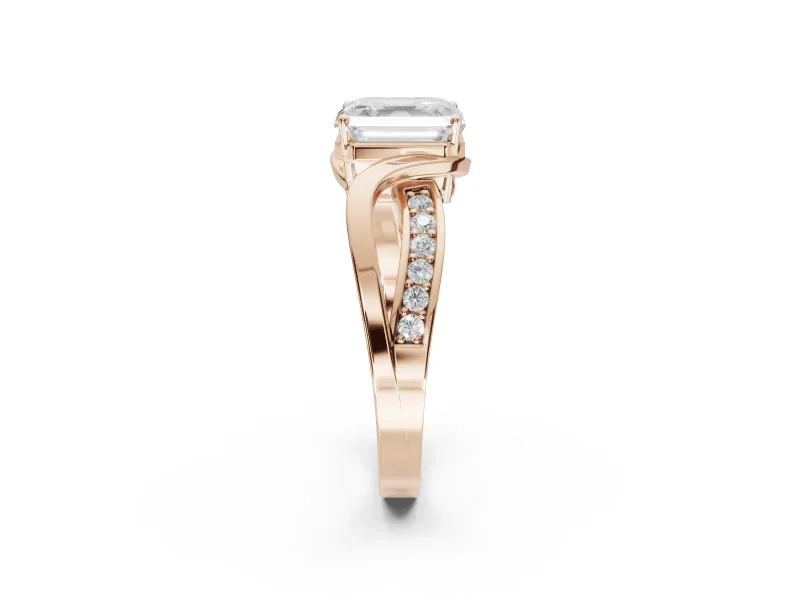 Asscher Cut Bypass Solitaire Engagement Ring Setting | Pavé and Plain Strands | Rose Gold