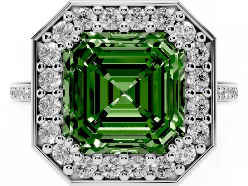 Asscher Cut Halo Engagement Ring Setting for a Fancy Green Lab-Grown Diamond | Polished Halo Rim | Sterling Silver