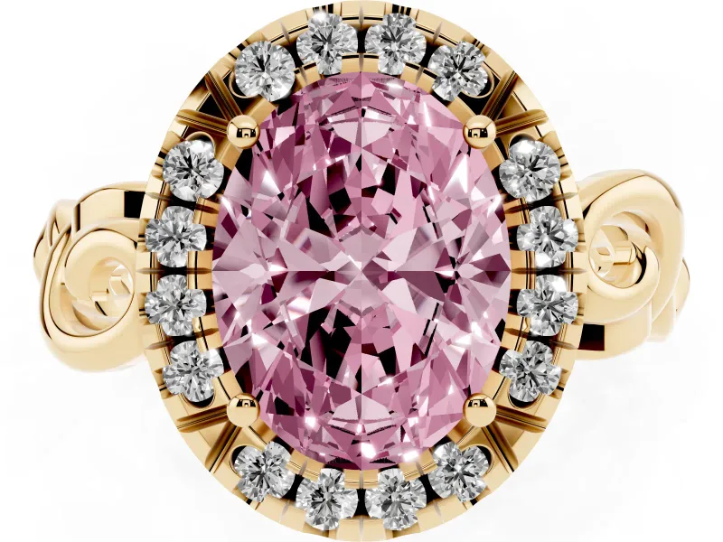Fancy Pink Oval Cut Diamond Halo Ring Set in Yellow gold with Scrollwork Band and Prong Setting