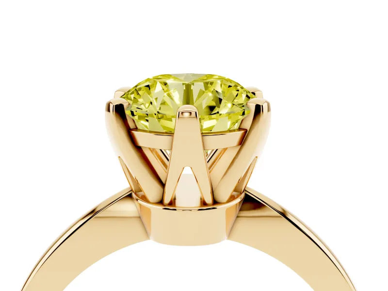 Fancy Yellow Round Cut Diamond Solitaire Engagement Ring Set in Yellow gold with Slim Tapered Solitaire Band