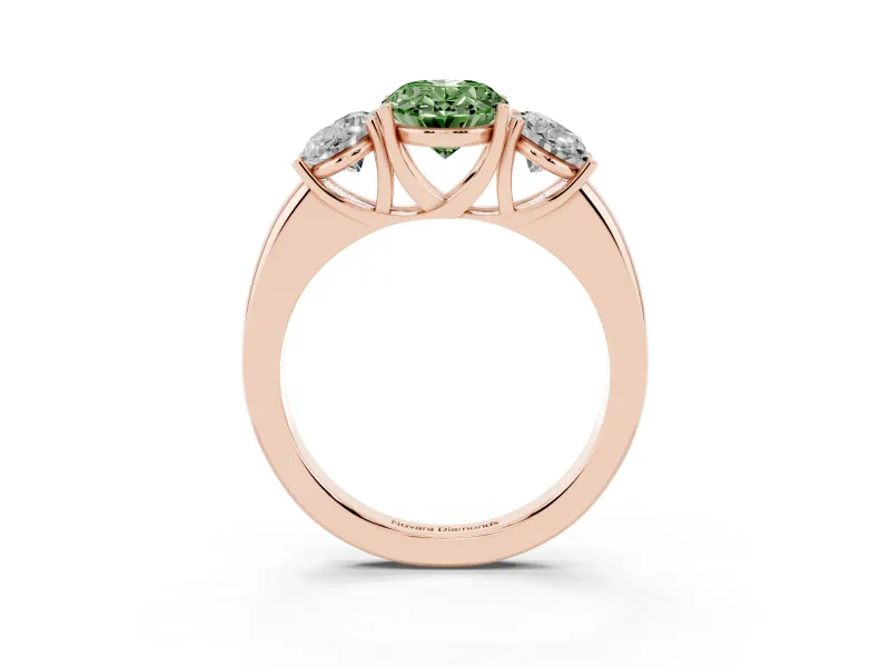 Fancy Green Oval Cut Diamond Three-Stone Ring Set in Rose gold with Bold Center and Classic Band