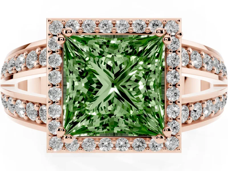 Princess Cut Halo Engagement Ring Setting for a Fancy Green Lab-Grown Diamond | Two-Row Pave Split Shank | Rose Gold
