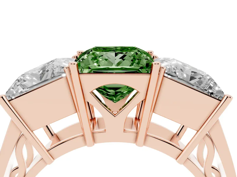 Princess Cut Three Stone Engagement Ring Setting for a Fancy Green Lab-Grown Diamond | Beaded Shoulders | Rose Gold