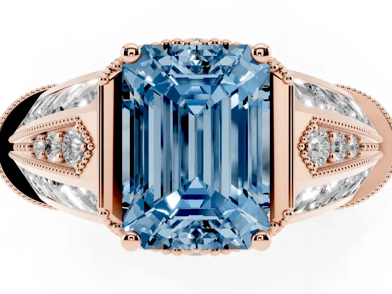 Emerald Cut Vintage Milgrain Engagement Ring Setting for a Fancy Blue Lab-Grown Diamond | Hidden Halo | Rose Gold