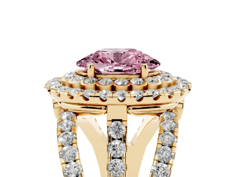 Oval Double Halo Split Shank Engagement Ring Setting for a Fancy Pink Lab-Grown Diamond | Pave Strands | Yellow Gold