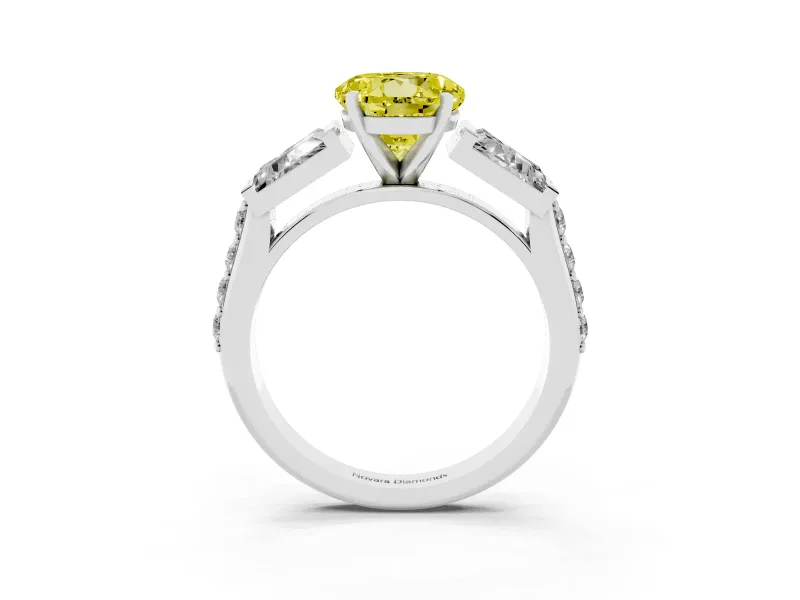 Fancy Yellow Round Cut Diamond Engagement Ring Set in White gold with Baguette Side Stones and Channel Set Band