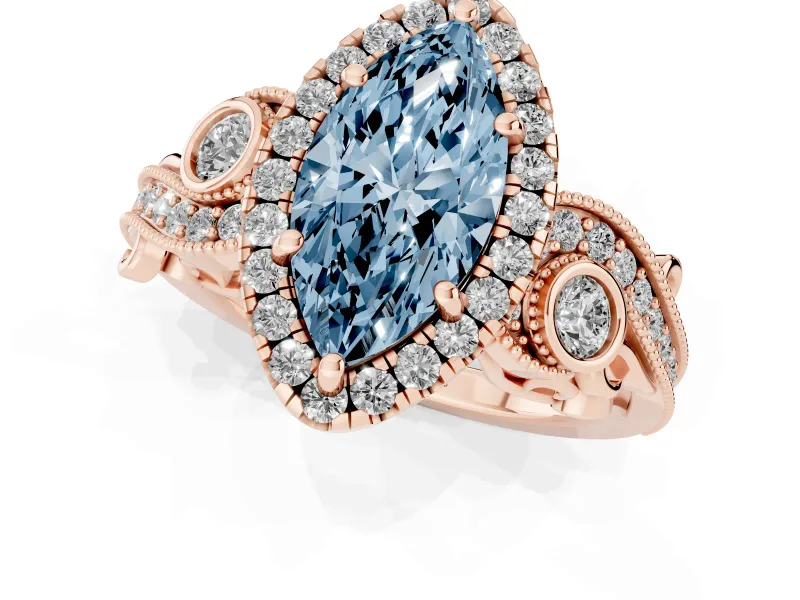Fancy Blue Marquise Cut Diamond Halo Ring Set in Rose gold with Milgrain Pavé Band and Prong Setting