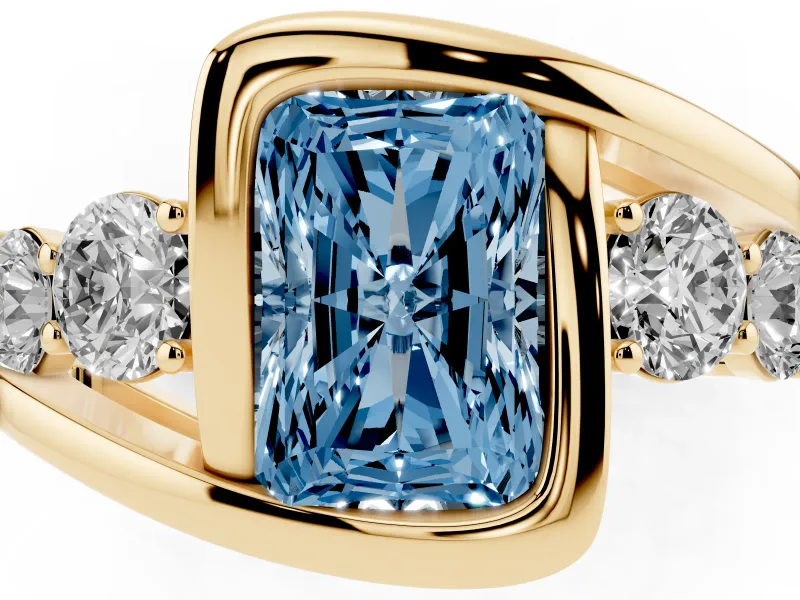 Radiant Cut Bezel Bypass Engagement Ring Setting for a Fancy Blue Lab-Grown Diamond | Yellow Gold
