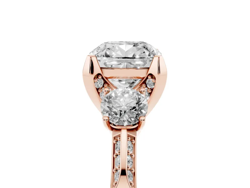 Cushion Cut Hidden Halo Three Stone Engagement Ring Setting | Pave Gallery | Rose Gold