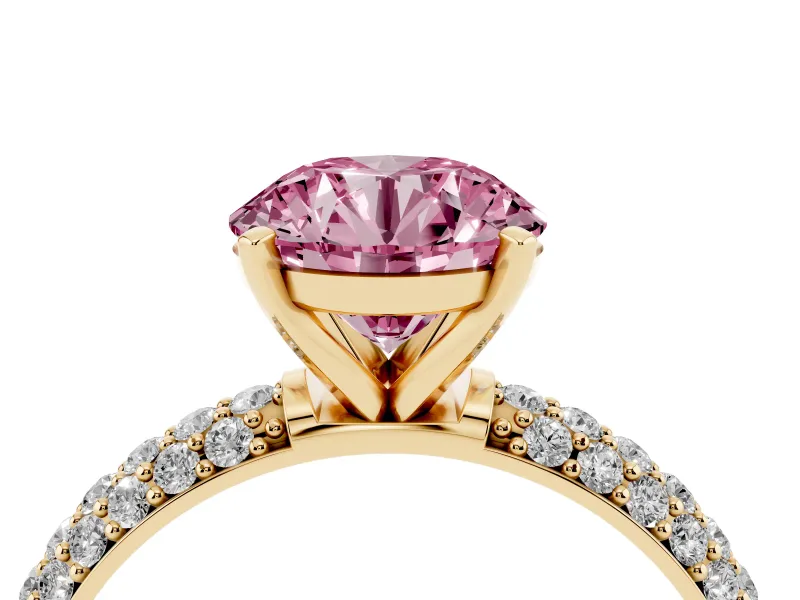 Fancy Pink Round Cut Diamond Solitaire Ring Set in Yellow gold with Prong Setting and Pavé-Set Band