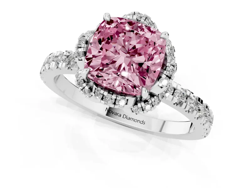 Fancy Pink Cushion Cut Diamond Halo Pavé Band Ring Set in White gold with Prong-Held Center