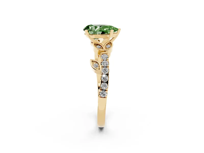 Pear-Shaped Leaf Pavé Engagement Ring Setting for a Fancy Green Lab-Grown Diamond | Yellow Gold