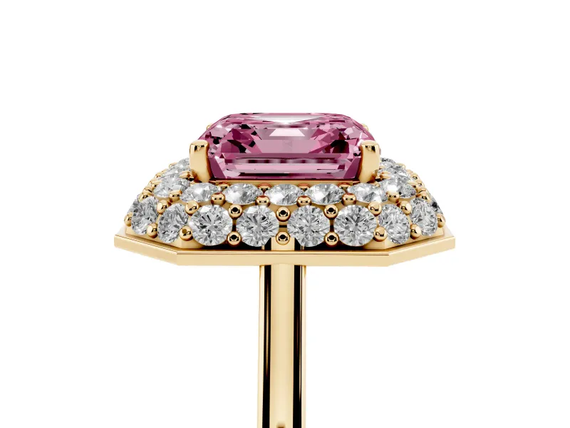 Asscher Cut Pave Halo Engagement Ring Setting for a Fancy Pink Lab-Grown Diamond | Slim Plain Band | Yellow Gold