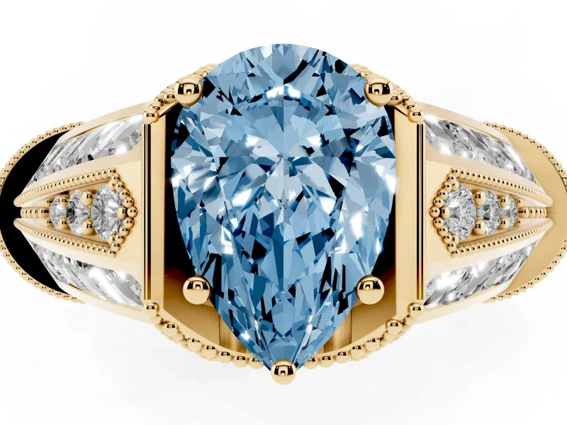 Pear-Shaped Vintage Milgrain Engagement Ring Setting for a Fancy Blue Lab-Grown Diamond | Hidden Halo | Yellow Gold