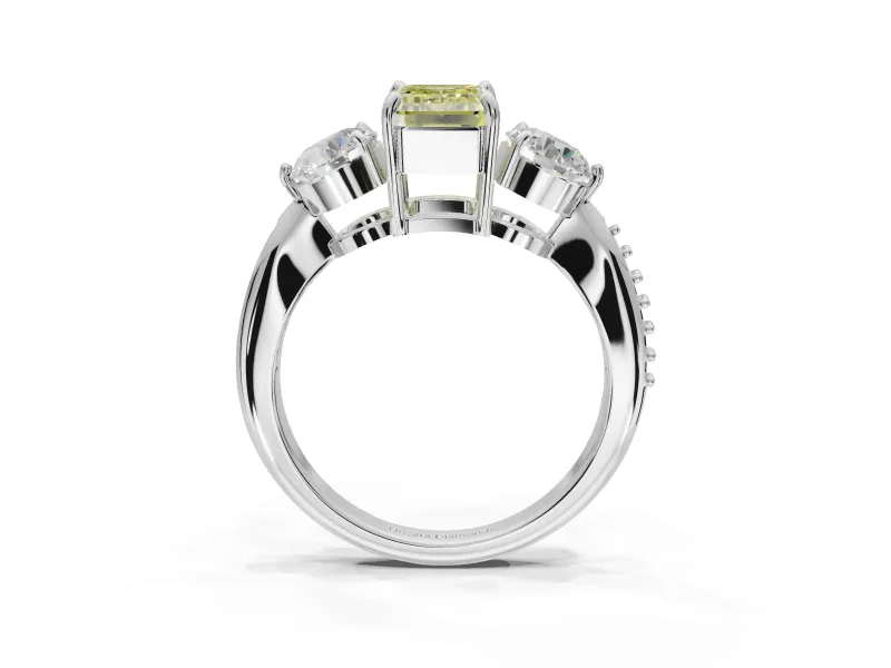 Emerald Cut Three Stone Engagement Ring Setting for a Fancy Yellow Lab-Grown Diamond | Tapered Pave Band | White Gold