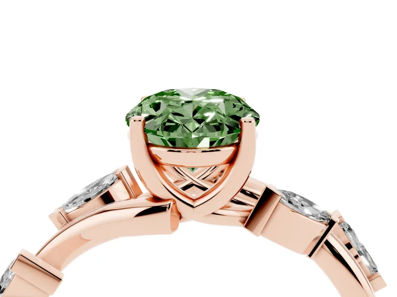 Fancy Green Oval Cut Diamond Solitaire Ring Set in Rose gold with Twisted Marquise Accent Band