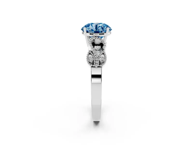 Fancy Blue Round Cut Diamond Milgrain Leaf Band Solitaire Ring Set in Platinum with Accent Stones and Prong Setting