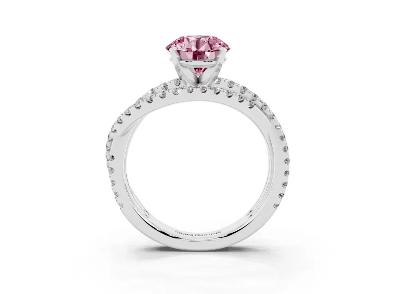 Fancy Pink Round Cut Diamond Solitaire Twist Band Ring Set in Silver with Pavé Setting and Prong Head