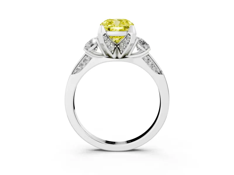 Cushion Cut Hidden Halo Three Stone Engagement Ring Setting for a Fancy Yellow Lab-Grown Diamond | Platinum