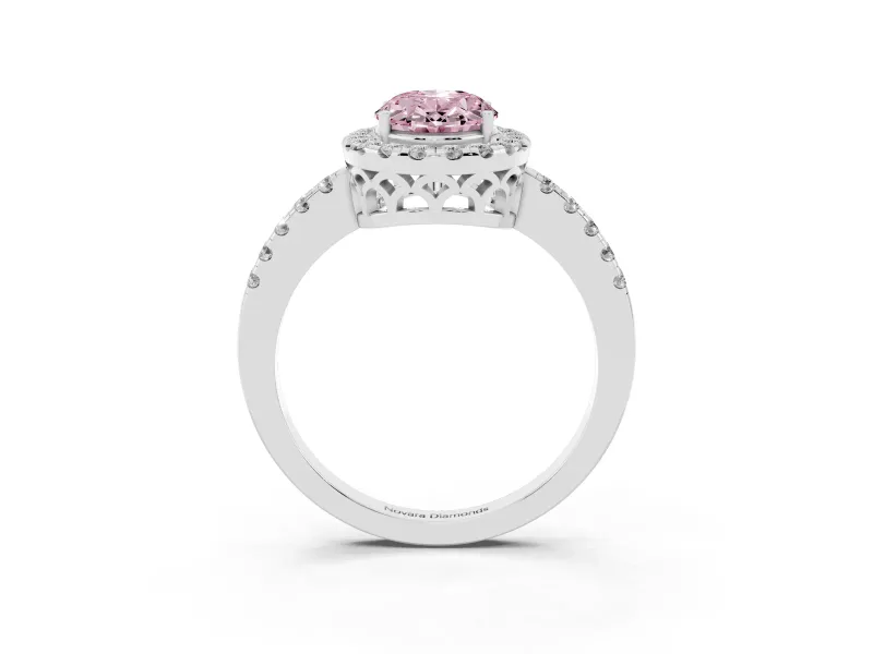 Fancy Pink Oval Cut Diamond Pavé Band Halo Engagement Ring Set in Silver with Prong Setting