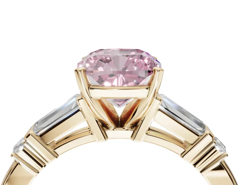 Cushion Cut Tapered Baguette Engagement Ring Setting for a Fancy Pink Lab-Grown Diamond | Bar Set Sides | Yellow Gold