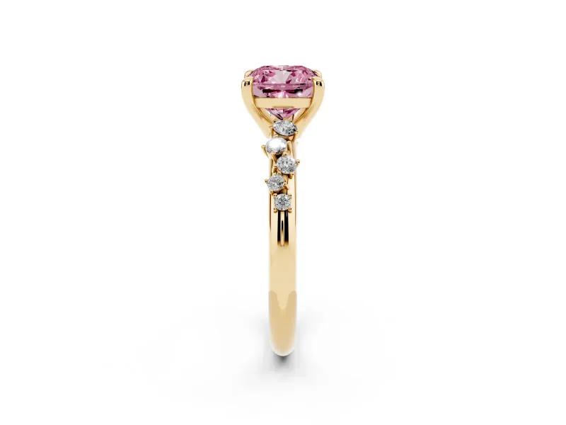 Fancy Pink Cushion Cut Diamond Solitaire Vine Band Ring Set in Yellow gold with Round Accents and Prong Setting