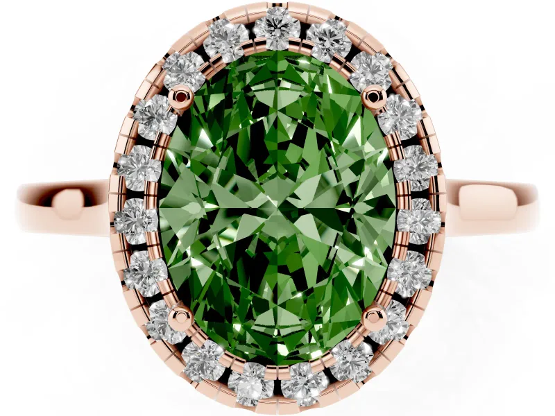 Fancy Green Oval Cut Halo Round Diamond Solitaire Ring Set in Rose gold with Pavé Band and Prong Setting