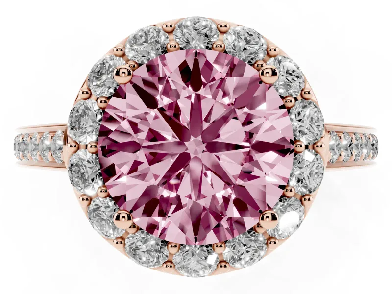 Fancy Pink Round Cut Diamond Floral Halo Ring Set in Rose gold with Pavé Band and Prong Setting
