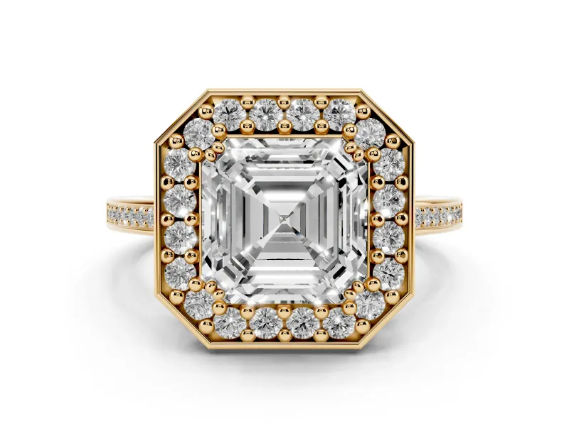 Asscher Cut Diamond Halo Ring Set in Yellow gold with Accent-Lined Split Shank and Prong Setting
