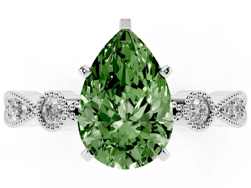 Fancy Green Pear Cut Diamond Solitaire Engagement Ring Set in Silver with Milgrain Bezel Accent Band