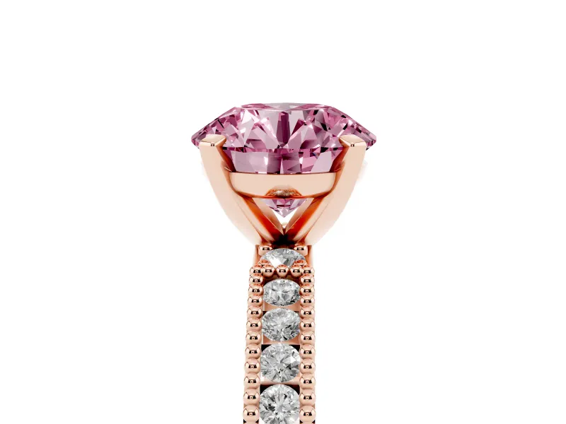Fancy Pink Round Cut Diamond Solitaire Ring Set in Rose gold with Slim Pavé Band and Prong Setting