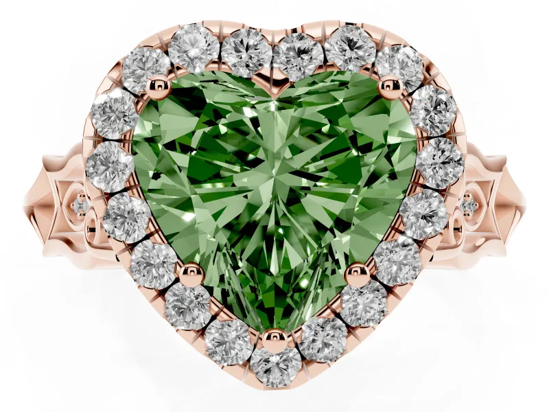 Heart-Shaped Halo Engagement Ring Setting for a Fancy Green Lab-Grown Diamond | Filigree Shoulders | Rose Gold