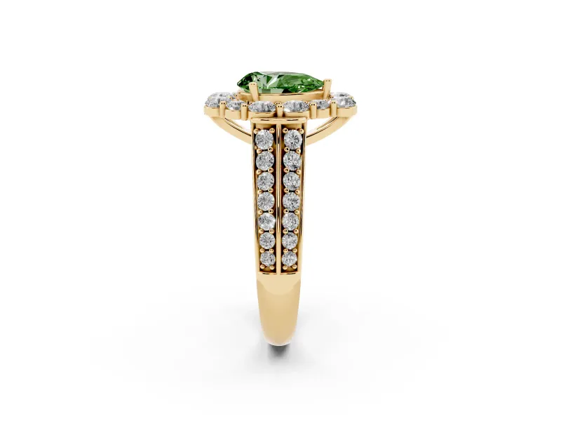 Fancy Green Pear Cut Diamond Halo Engagement Ring Set in Yellow gold with Split Shank and Prong Setting