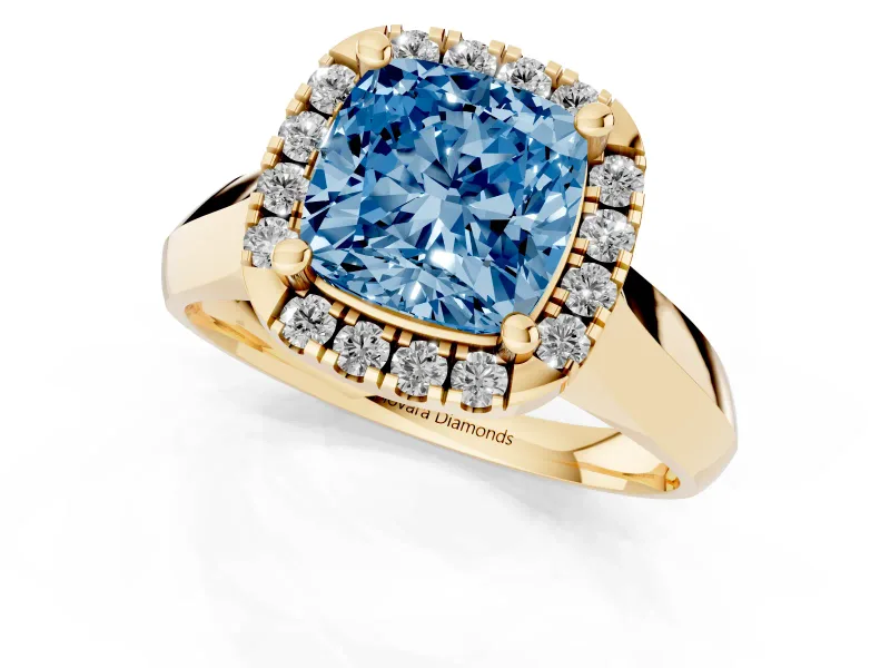 Cushion Cut Halo Engagement Ring Setting for a Fancy Blue Lab-Grown Diamond | Square Profile Band | Yellow Gold