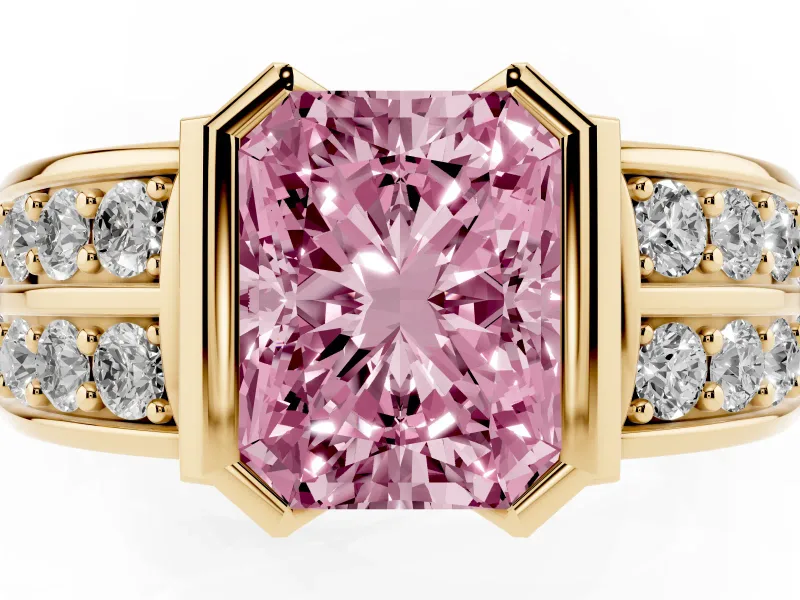 Radiant Cut Half Bezel Engagement Ring Setting for a Fancy Pink Lab-Grown Diamond | Channel Band | Yellow Gold