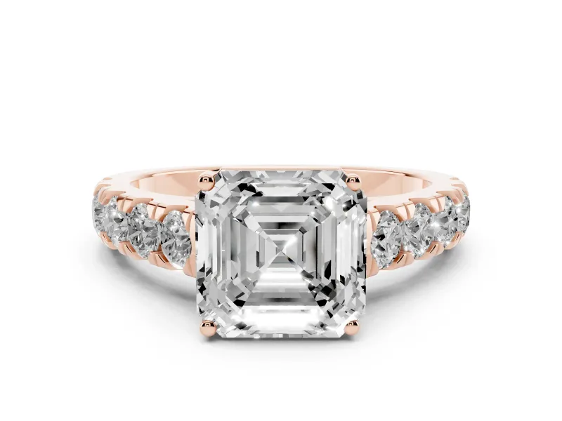 Asscher Cut Diamond Solitaire Ring Set in Rose gold with Cut-Down Micro Pavé Band and Prong Setting