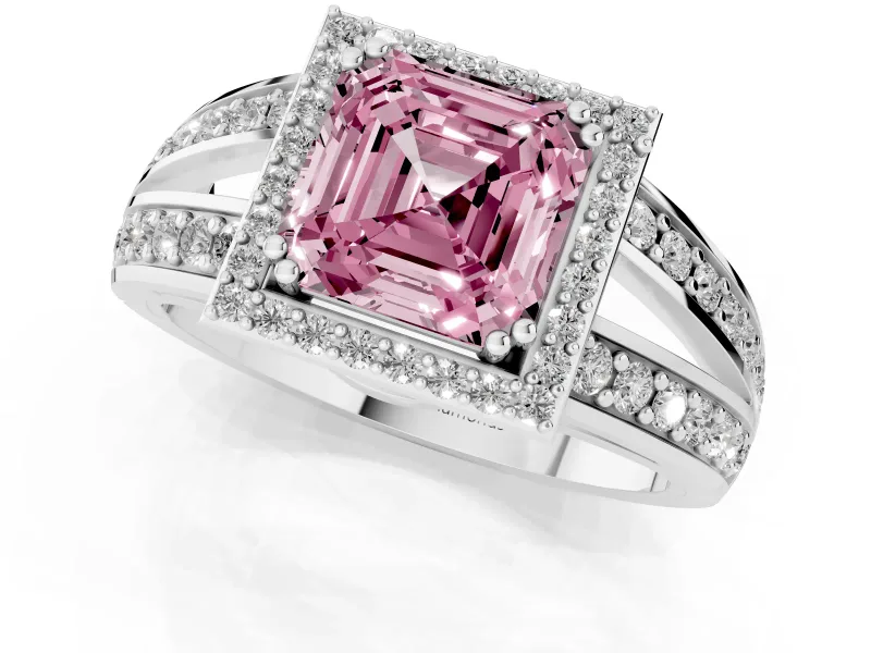 Asscher Cut Halo Engagement Ring Setting for a Fancy Pink Lab-Grown Diamond | Two-Row Pave Split Shank | Platinum