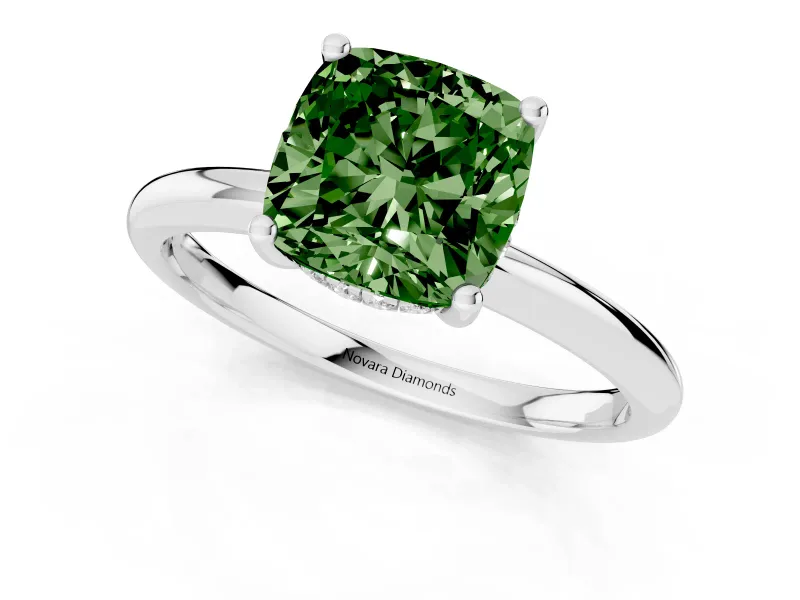 Fancy Green Cushion Cut Diamond Solitaire Engagement Ring Set in White gold with Prong Setting and Polished Band