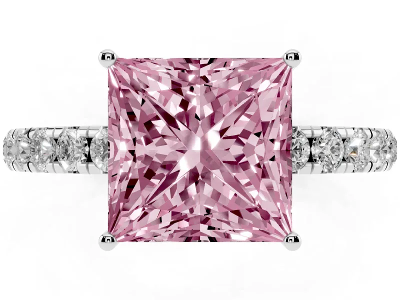 Princess Cut Pave Engagement Ring Setting for a Fancy Pink Lab-Grown Diamond | Shared Prong Band | Platinum
