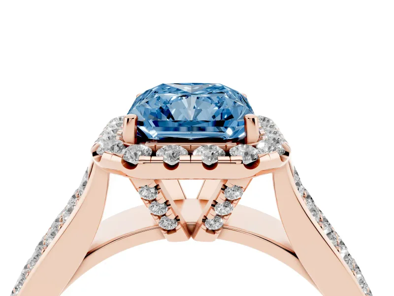 Radiant Cut Pavé Engagement Ring Setting for a Fancy Blue Lab-Grown Diamond | Wide Three-Row Band | Rose Gold