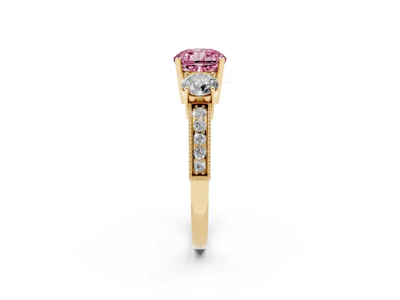 Cushion Cut Three Stone Engagement Ring Setting for a Fancy Pink Lab-Grown Diamond | Graduated Pave Band | Yellow Gold