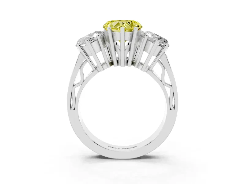Heart-Shaped Three Stone Engagement Ring Setting for a Fancy Yellow Lab-Grown Diamond | Beaded Shoulders | Platinum