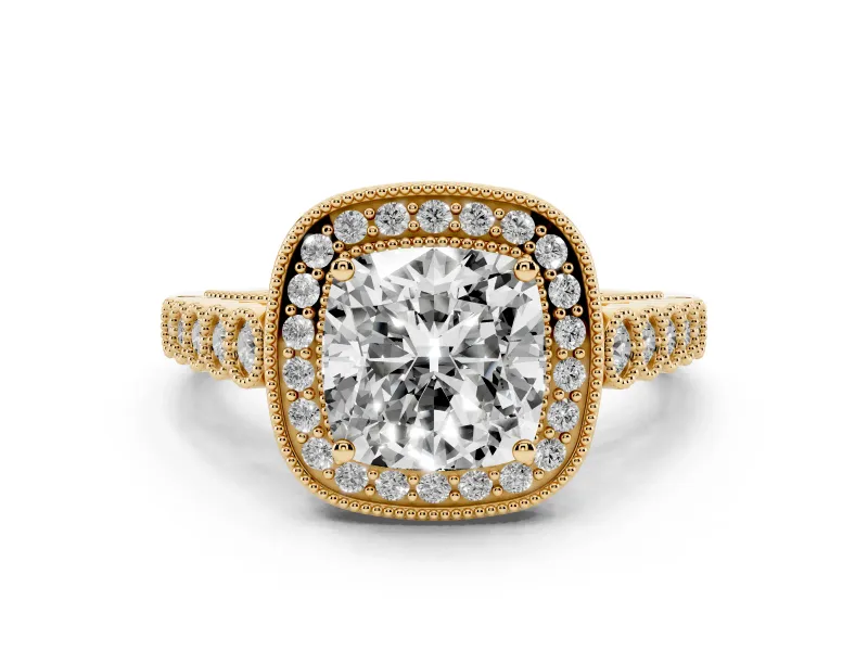 Cushion Cut Diamond Milgrain Halo Solitaire Ring Set in Yellow gold with Bezel Set Side Stones and Pavé Band