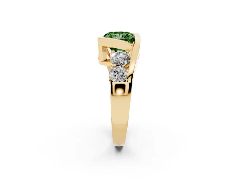 Fancy Green Princess Cut Diamond Bezel Bypass Ring Set in Yellow gold with Round Accents